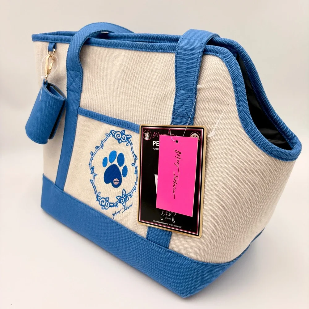 Betsey Johnson Navy Cream Canvas Embroidery Pet Carrier Tote Bag Dog Lover
